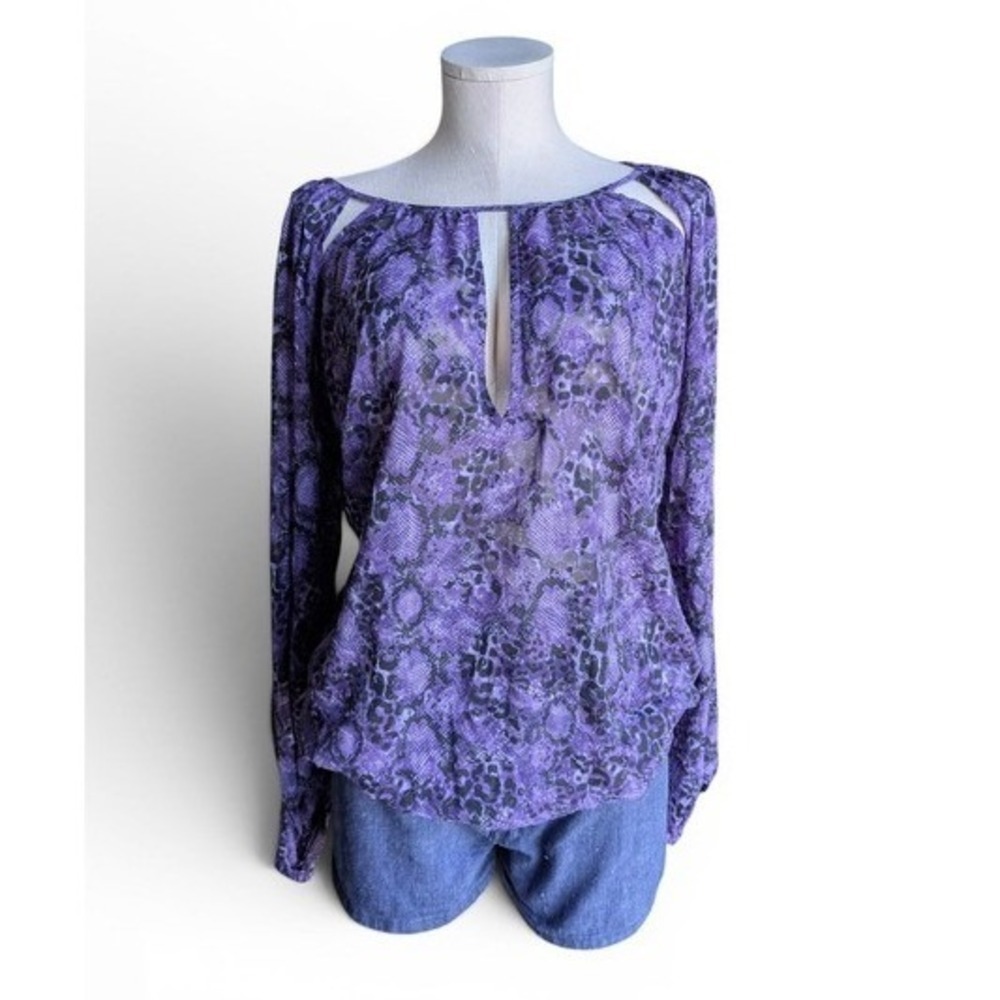 Lane Bryant Purple Black Animal Print Sheer Cut Out Blouse Top Size 14